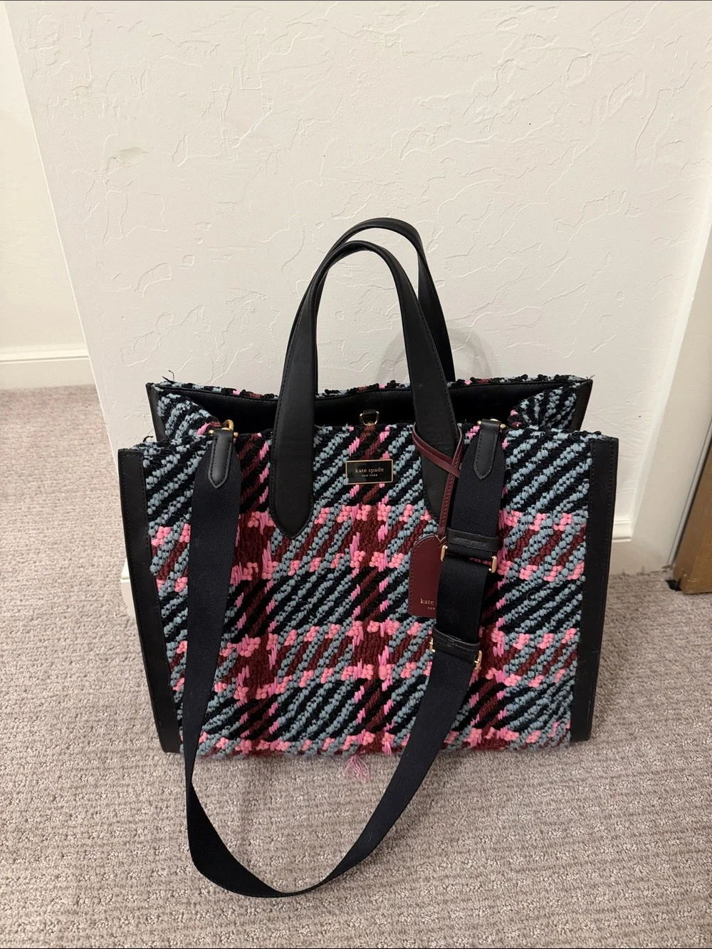 kate spade Multicolor Woven Plaid Tote - Pink, Blue & Burgundy